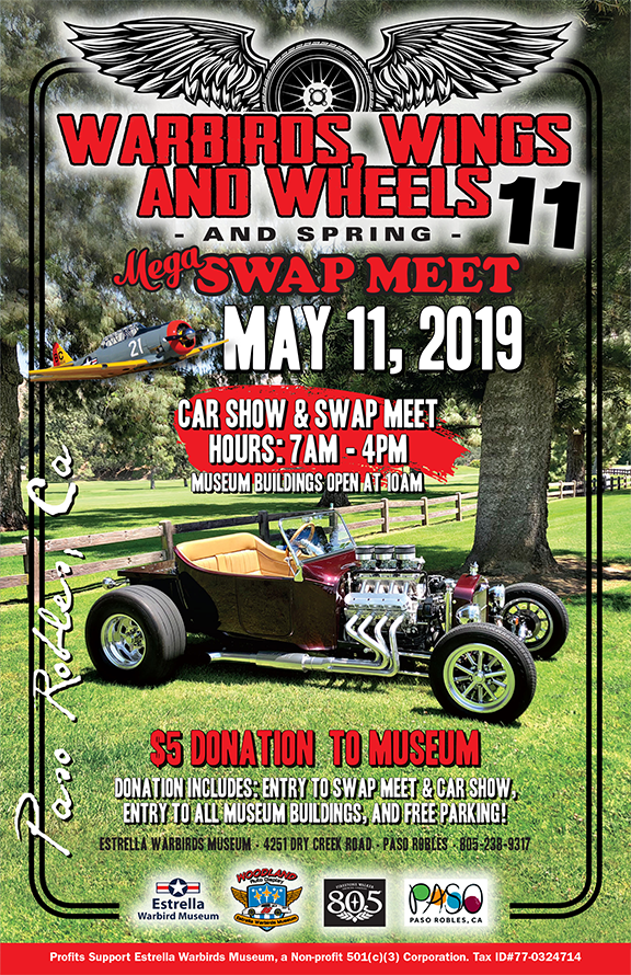 Warbirds Wings & Wheels 11 ,poster, May 12th, 2019 at Estrella Warbirds Museum in Paso Robles