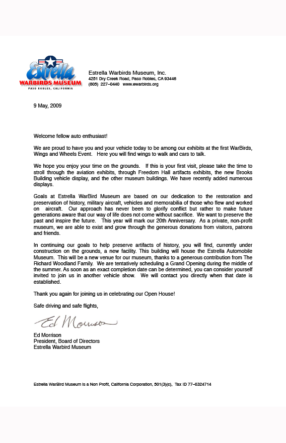 Warbirds Wings & Wheels 1 welcome letter, May, at Estrella Warbirds Museum in Paso Robles